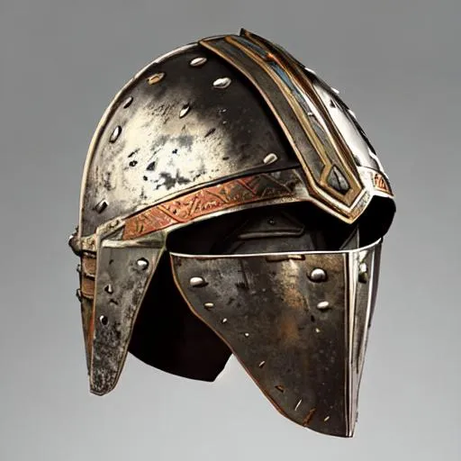 Prompt: Ancient warrior's helmet worn in battle