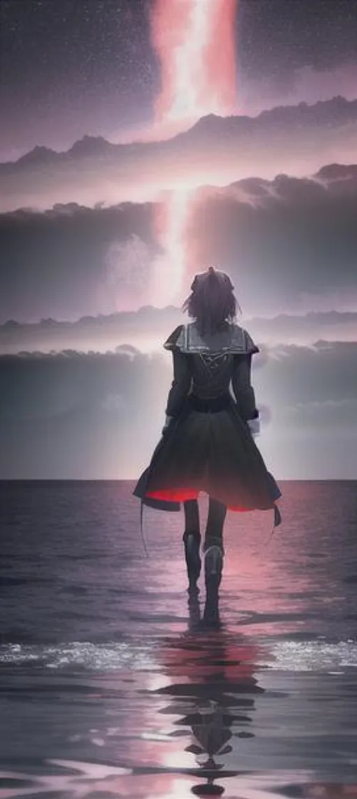Prompt:  64k. HD. fantasy. long shot. a dark sky looms over head, night, A gigantic creature, cosmic horror, looking down from space. Violet Evergarden, walking on water, dancing alone, ocean, ocean is red. dark, long shot, panorama. scary. the water is red.
