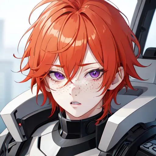 Prompt: Erikku male adult (short ginger hair, freckles, right eye blue left eye purple) UHD, 8K, Highly detailed, insane detail, best quality, high quality, anime style, tired, confused, sleepy