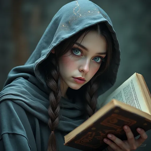 Prompt: side view, a woman in her early 20's with thin close fitting gray hood, blue eyes with (((head turned toward viewer))), reading a book, holding grimoire close to face, peeking over the top of book, grimoire, ((((occult art)))), lost grimoire, gothic fantasy art, gothic art, holy cyborg necromancer girl, beautiful necromancer girl with fanatical expression, gothic art style, priestess of the damned, dark fantasy horror art