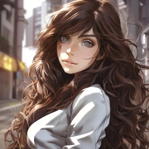 Prompt: A 21 years old woman, long wavy brown hair, brown doe eyes, model body, 90s animes woman inspiration, black jacket, ultra detailed, 64k resolution, very high quality, inquisitive.