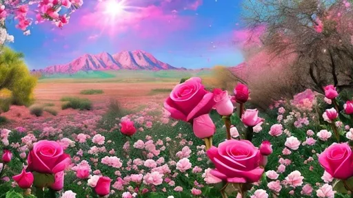 Prompt: Un paisaje hermoso con rosas que brillen y que diga buenos dias