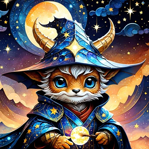 Prompt: an adorable chibi dragonborn wizard, dark starry night, gorgeous eyes, stained glass, fantasy illustration, textured with large visible brush strokes, hypermaximalism, astral patterns, star lit sky, masterpiece, breathtaking intricate details, in the style of Andreas Lie, van Gogh, Hokusai, Luke Gram, Albert Robida, Victo Ngai