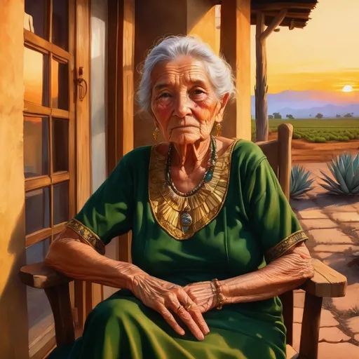 Prompt: Old woman in a green dress, gold -and gemstone jewelry, sitting on porch, agave field sunset view, traditional painting, warm and vibrant colors, detailed wrinkles and serene expression, high quality, traditional art style, warm tones, soft sunset lighting, nostalgic atmosphere