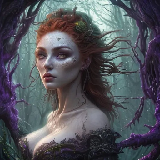 Prompt: Detailed and mystical portrait of a witch with ivory clear skin, redhead hair and deep purple eyes. Gorgeous female body, high detailed, curvy body, she wears rich green dress, night light, forest, dramatic, charming pose, frontal, magical, fantasy, 8k, high detailed, dramatic light