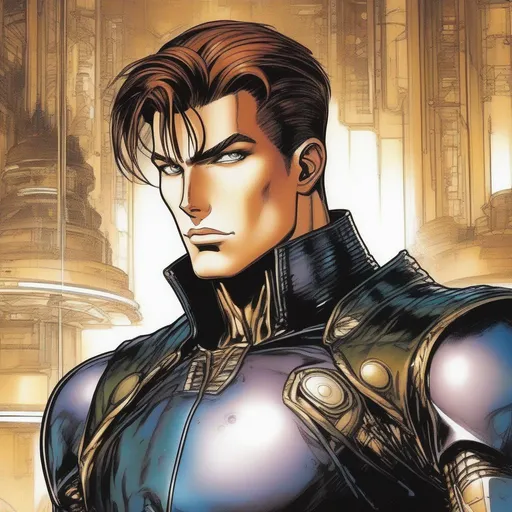 Prompt: A masculine scifi european cyborg soldier. very short bright brown slicked back pompadour undercut hair with shawed sides and light chestnut highlights, round face, broad cheeks, glowing eyes, wearing a black retro futuristic leather jackett with borg armour underneath, Ghost in the shell art. Masamune Shirow art. anime art. Leiji Matsumoto art. Akira art. Otomo art. 2d. 2d art.