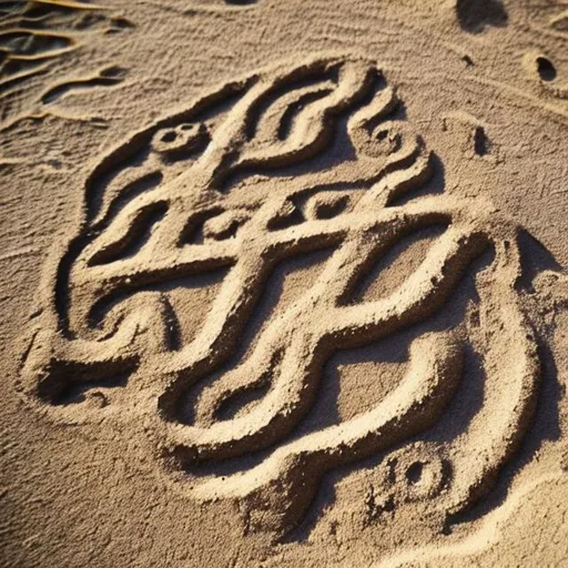 Prompt: Ancient glyphs in sand, alien planet