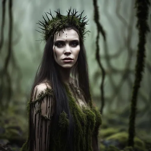 Prompt: A woman wearing a crown of thorns and a long black dress in a dark mossy forest