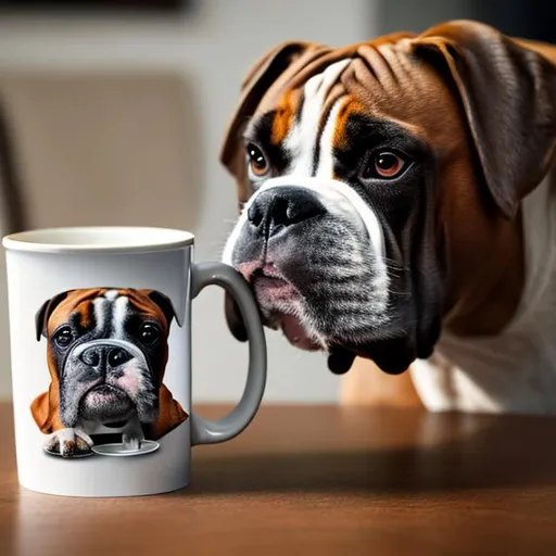 Prompt: a boxer dog guarding a mug of coffee
