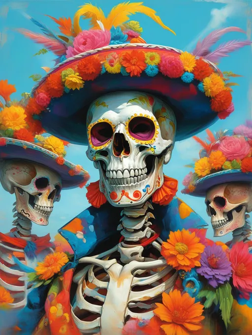 Prompt: Colorful skeleton in sombrero and hat, vibrant corals surrounding, another skeleton in the background, Chris LaBrooy style, funk art aesthetic, dynamic and intricate details, whimsical atmosphere, high contrast hues, mesmerizing textures, highly detailed digital painting, elaborate design, ultra-detailed, visually striking composition, playful undertones, artistic masterpiece showcasing vivid colors and lively imagery.