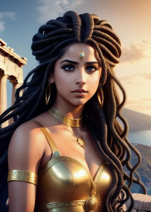 Prompt: Romantic art of Naomi Scott as Medusa,beautiful,pretty eyes,the snake hair,classic,angry,cool pose,Greece mythology,Greece civilization background,perfect composition,highly detailed,ultra-fine detailed,64k,UHD,XIX,dynamic,artstation,artistic,aesthetic,