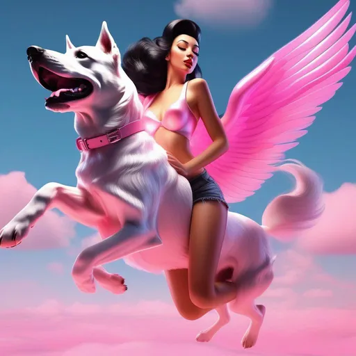 Prompt: 3d art pin-up girl skin black  hair  flying on an pink glowing big dog