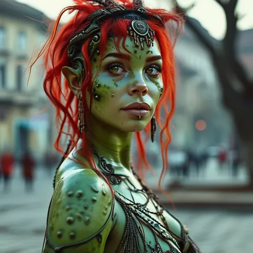 Prompt: dancing hybrid earth and alien woman, 185 cm tall, 80 kg, light green skin,red hair, large full black eyes, standing confidently in cluj-napoca , unirii square, realistic,, warm, smiling, lighting, inviting ambiance, vibrant colors blending with arid terrain, emphasis on intricate details capturing the energy of her presence.