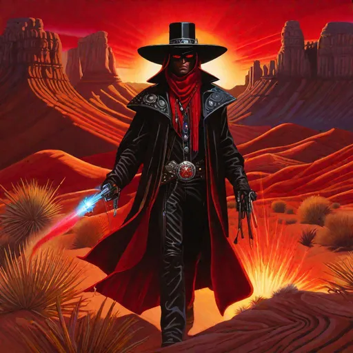 Prompt: "The evil wizard, in the style of Jordan Grimmer, deviantart, gouache, hyperrealism, lens flare, flickering light, aetherpunk, deep color"
"Cyber Cowboy with 4 Arms, fiery red Poncho, Dressed in black duster and Stetson Cowboy Hat, with Red eyes, Haunting Presence, Intricately Detailed, Hyperdetailed, Desert Wild West Landscape, Dusty Midnight Lighting, Wild West Feel,