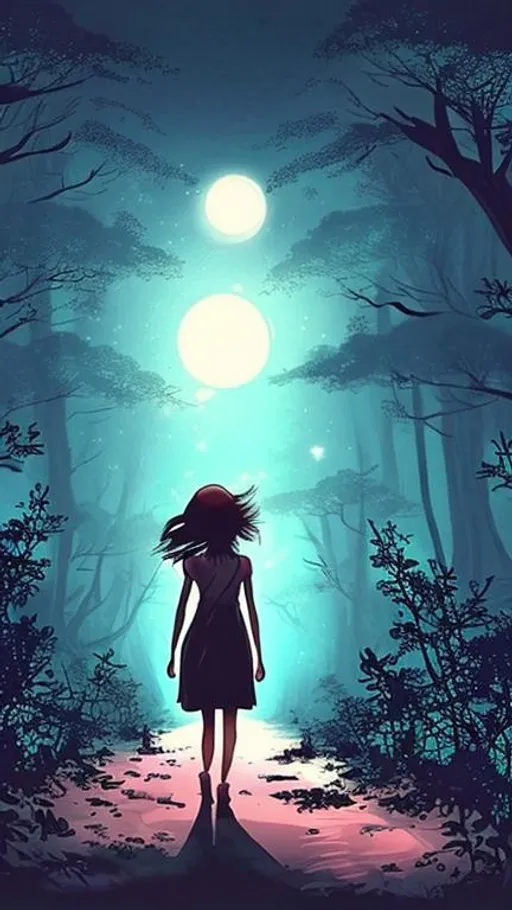 Prompt: A girl walking in deep forest midnight moonlight with a suitcase