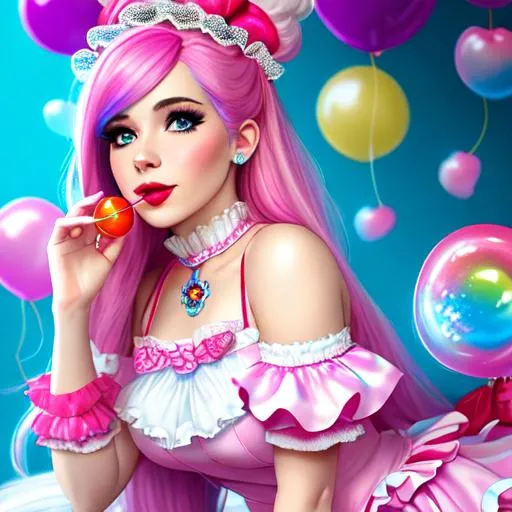 Prompt: 4K, 16K, picture quality, high quality, highly detailed, hyper-realism, belle delphine, pink and blue hair, cherries, whipped cream, lollipop, deviant art, bubbles, popart, candy, maid costume