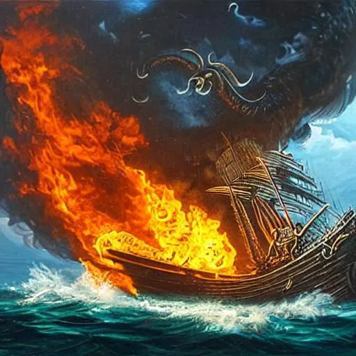 Prompt:  a kraken attacking a very detailed sailing ship that is on fire             