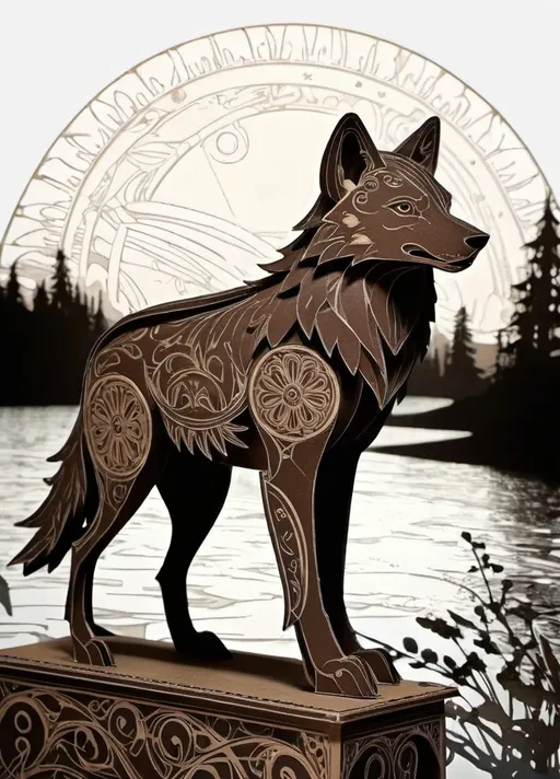 Prompt: figurine of a wolf from the fairy tale about the teremok, cardboard toy, outline, silhouette theater