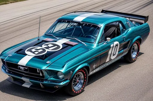 Prompt: Next Gen Nascar stock 1967 Ford Mustang car, sponsored by OpenArt