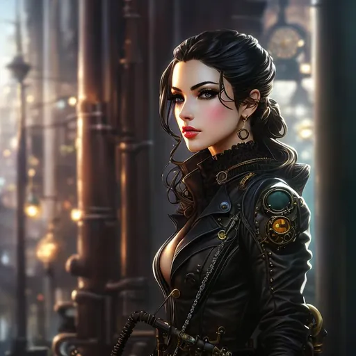 Prompt: steampunk, (high quality)+, (high texture)+, (ultra detailed)+, (detailed background)++, (perfect anatomy)+, (proper finger structure)+, (quality artwork)+, (mature woman)++, solo, detailed face, black hair, long hair, shiny hair, detailed hair, iridescent eyes, detailed eyes, goggle with neon trim++, (leather gloves)++, detailed accessories, detailed body)++, shiny skin, (fair skin)+, detailed skin, (bronze gears)++, road++, rain background++, (metal trees)++, (full body)+++, (sepia tones)++, (from ahead)++
