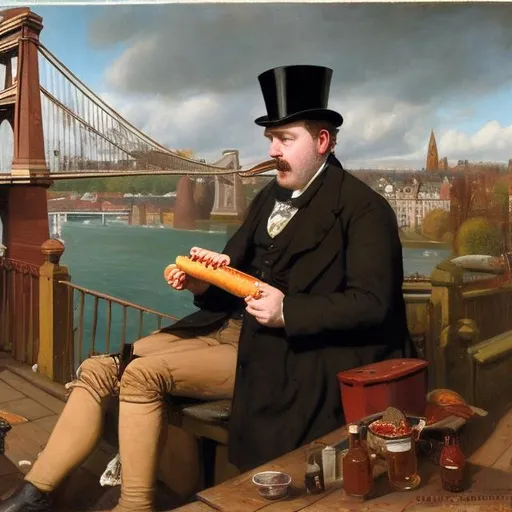 Prompt: The Irish victorian Joseph Leech eating a hot dog under the Bristol Suspension Bridge