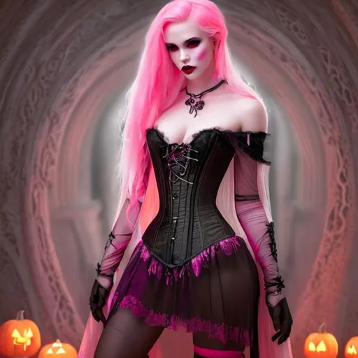 Prompt: Beautiful blonde/pink/orange vampire wearing a sheer pink and orange corset mini dress with a hooded cape bewitching a man under her spell, cinematic, realistic, 64k, life-like, spooky, 3D, UHD, soft grade, sharp, Halloween theme
