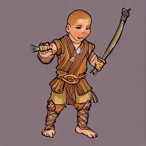 Prompt: Tawny-haired halfling monk with light tan skin, wielding a quarterstaff