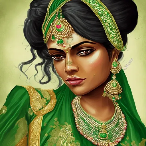 Prompt: beautiful hair indian queen in Indian green  saree wearing ornate jewlery, sakimichan, nixeu, full body, photo realistic, highly detailed, sad face, black skin tone, side body, full portrait 



