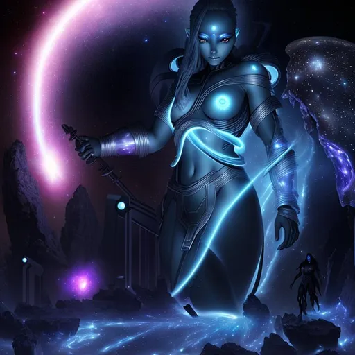 Prompt: nebula, 3D, HD, full-body,  dark, plasma action portrait of a ({Female}Goddess as a {Grey}Alien), expansive cosmic background --s98500