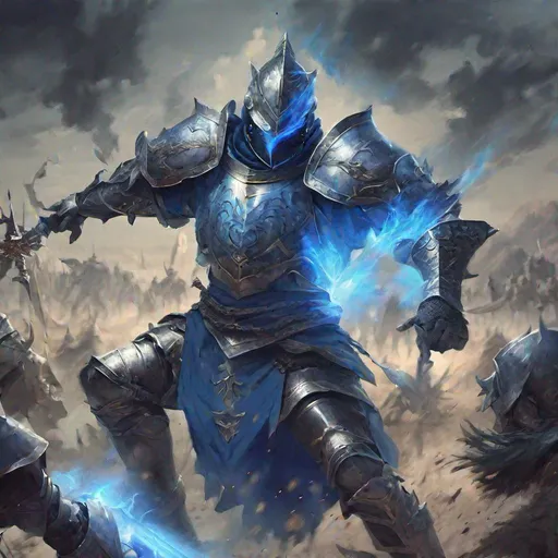 Prompt: Knight With Blue Aura in middle of war with monster