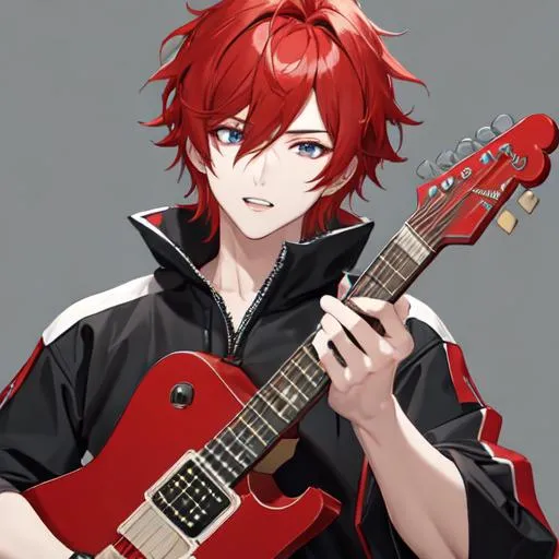 Prompt: Zerif 1male (Red side-swept hair covering his right eye) playing his guitar 8K, UHD, best quality, highly detailed, insane detail, anime style