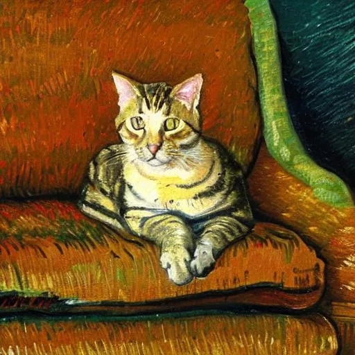 Tabby cat sitting on a victorian style couch, oil pa... | OpenArt