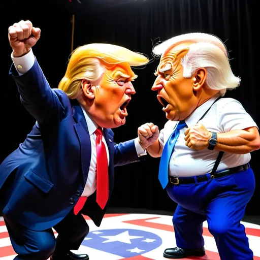 Prompt: A little person,  short fat Donald Trump gets slapped across the face by skinny Joe Biden in a slap fight competition, stage performance, detailed facial features, vibrant colors, photo realistic, Looney Toons style, excited audience in background, theatrical lighting, high quality, detailed muscles, stage setting, professional, animated shading, cartoon realism, detailed expression