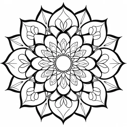 Prompt: 2d simple vector monochrome easy minimalistic symmetrical mandala pattern for a coloring page, in a coloring book, on a white background, thick lines, very easy, complete all lines without gaps.