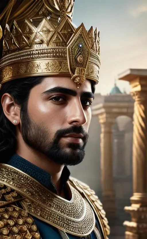 Prompt: create most beautiful photograph of most beautiful fictional  Achaemenid King, extremely, detailed environment, detailed background, intricate, detailed skin, natural colors , professionally color graded, photorealism, 8k, moody lighting.