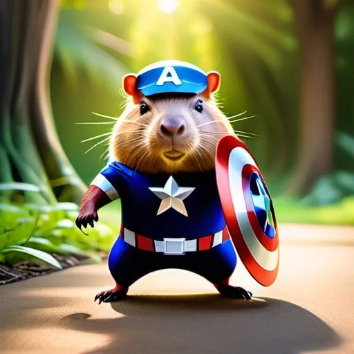 Prompt: Capybara dressed as Captain America, vibrant colors, iconic star-spangled shield, heroic stance, warm sunlight casting delicious shadows, charming expression, whimsical and humorous tone, playful atmosphere, surrounded by a scenic backdrop of lush greenery, ultra-detailed, high quality 4K, emphasizing camaraderie and adventure, blending fantasy with a unique sense of patriotism. 