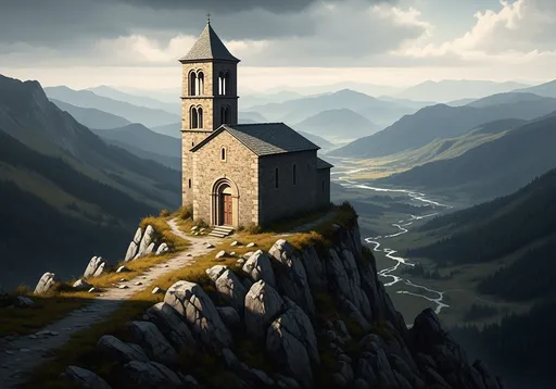 Prompt: lonely medieval church, perched on a rugged mountain, breathtaking panoramic view, rich with detail, atmospheric medieval essence, soft yet moody lighting, painterly style, evocative textures reminiscent of classical oil paintings, slightly overcast sky enhancing the somber ambiance, captivating landscape elements rolling into the distance, ultra-detailed, masterpiece composition.