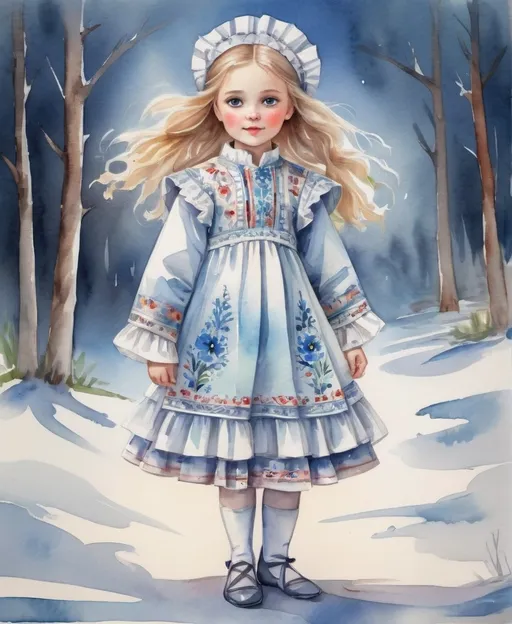 Prompt: young girl, elegant children's dress, Russian folk costume, a lot of details, high quality, standing straight, arms to the sides, paper doll, watercolor,