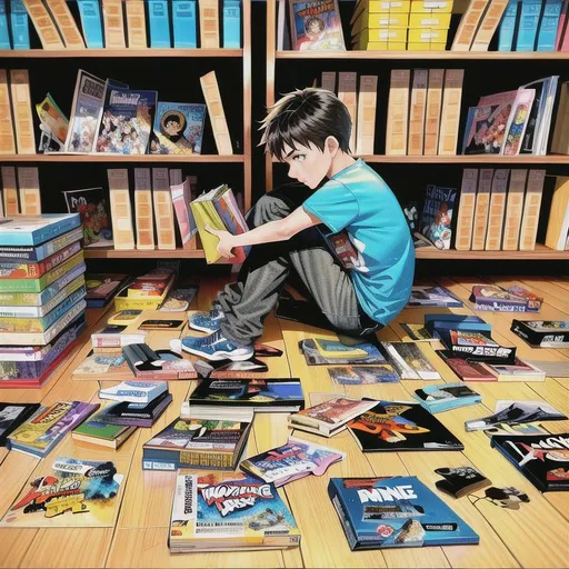 Prompt: 
A young teenage boy is opening a box filled with comic books
Empty room. 
Many boxes on the floor. 
There are comic books on the floor.

((Watercolours)), ((storybook style)).