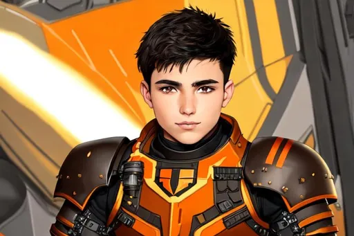 Prompt: The armored pilot has light brown eyes, short black hair, and is a young Hispanic male in his twenties. A short and stocky pilot in full red, black, gold and orange combat armor 