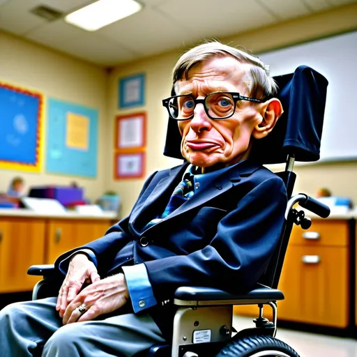 Prompt: A little person, style Looney Toons, Steven Hawking in his later years, sitting in his electric wheelchair, his head is tilted, he   is staring close up at the camera, detailed features, intense and curious gaze, high-resolution, photo realistic, surreal, vibrant colors, dramatic lighting, high detail features, professional, unique concept, background is a university classroom lab, scientific theme