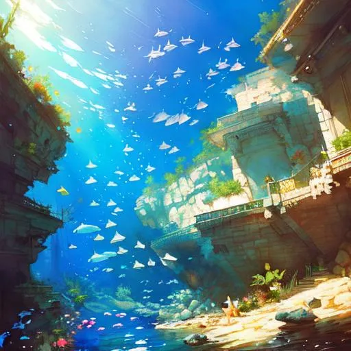 Prompt: An big aquarium filled with blue fishes and sea animals, extremely detailed, realistic. Krenz Cushart + loish +gaston bussiere +craig mullins, j. c. leyendecker +Artgerm.