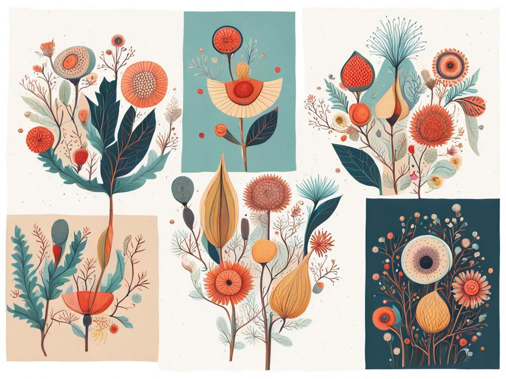 Whimsical botanical  illustration  beautiful folkstyle with intricate detail colourful quirky see