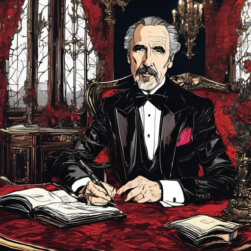 Prompt: (Christopher Lee talking to Vincent Price), Black and White pen and ink sketch style, dark color scheme, elegantly gothic attire, intricate details, dim lighting, dramatic shadows, opulent background, luxurious textures, ornate furniture, deep reds and blacks, baroque patterns, solemn atmosphere, rich color tones, dark romanticism, ultra-detailed, 4K, photorealistic masterpiece, timeless elegance.