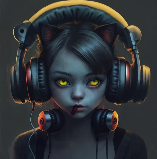 Prompt: Kitten, wearing headphones, with bloodshot eyes