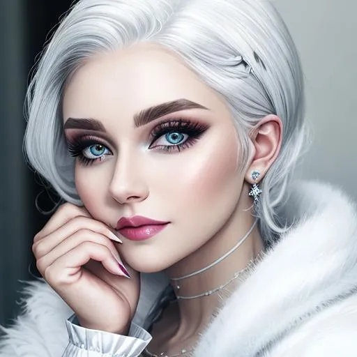 Prompt: Woman  with silver hair, wearing white with a hair covering, wearing pretty makeup, facial closeup