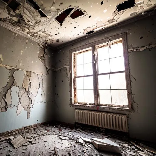 Prompt: Inside a big, empty, abandoned house, dark, haunted, old, paint falling off the walls. Nighttime. 