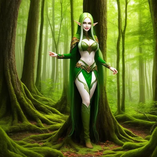 Prompt: ((wood elf woman)), fantasy, long hair, pale skin, grin, forest, lush trees, symmetrically colored hair, ((full body)) {{good looking}} {{cute}} {{good body}} {{tight}}, {{shadows}},