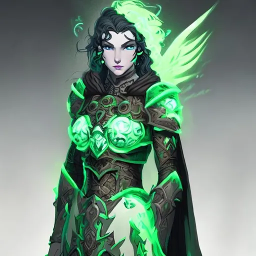 Prompt: Female variant aasimar paladin druid, elegant green armor, black hair, pale skin, glowing green eyes
