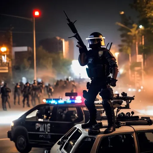 Prompt: A guy wearing police riot gear armor standing on a car with a gun in his hand shooting at people